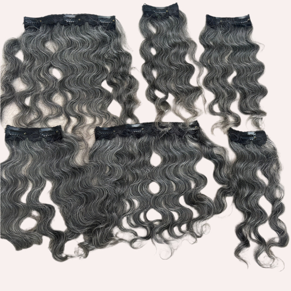 Clip In Raw Natural Grey Curly Hair Extensions
