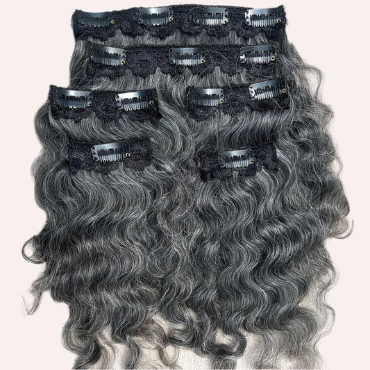 Clip In Raw Natural Grey Curly Hair Extensions