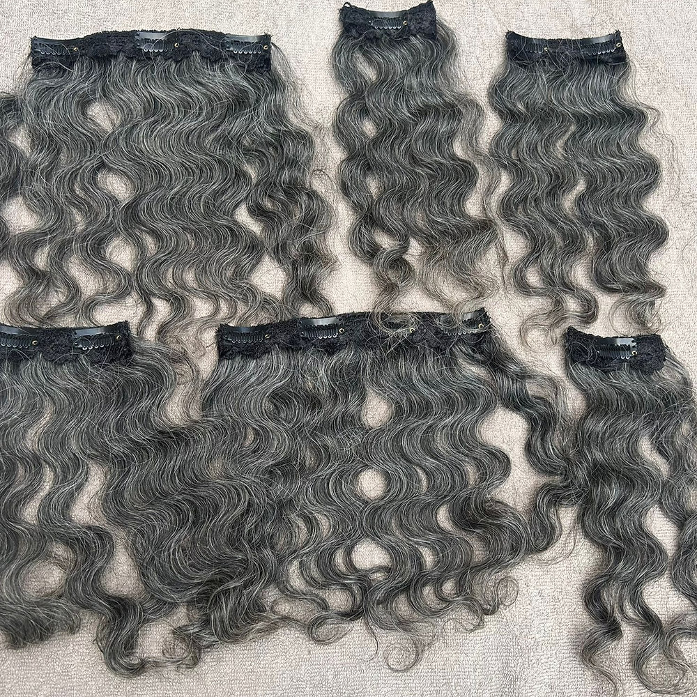 Clip In Raw Natural Grey Curly Hair Extensions