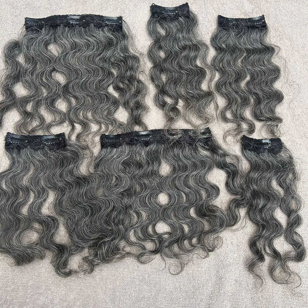 Clip In Raw Natural Grey Curly Hair Extensions