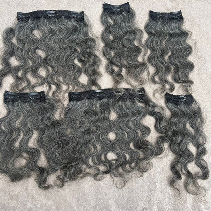 Clip In Raw Natural Grey Curly Hair Extensions