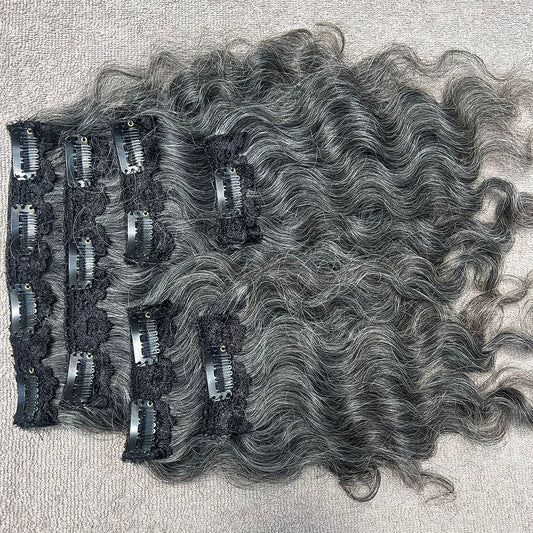 Clip In Raw Natural Grey Curly Hair Extensions