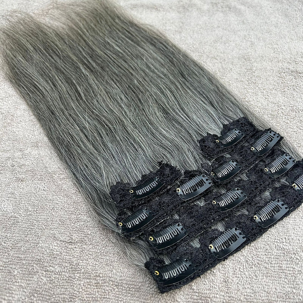 Clip In Raw Natural Grey Straight Hair Extensions