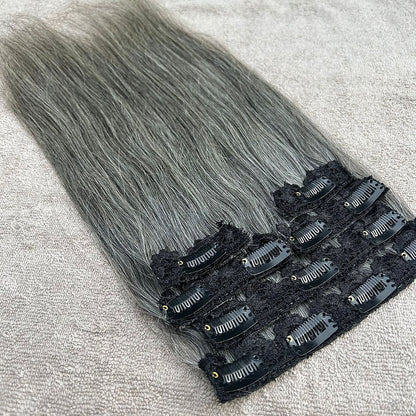 Clip In Raw Natural Grey Straight Hair Extensions