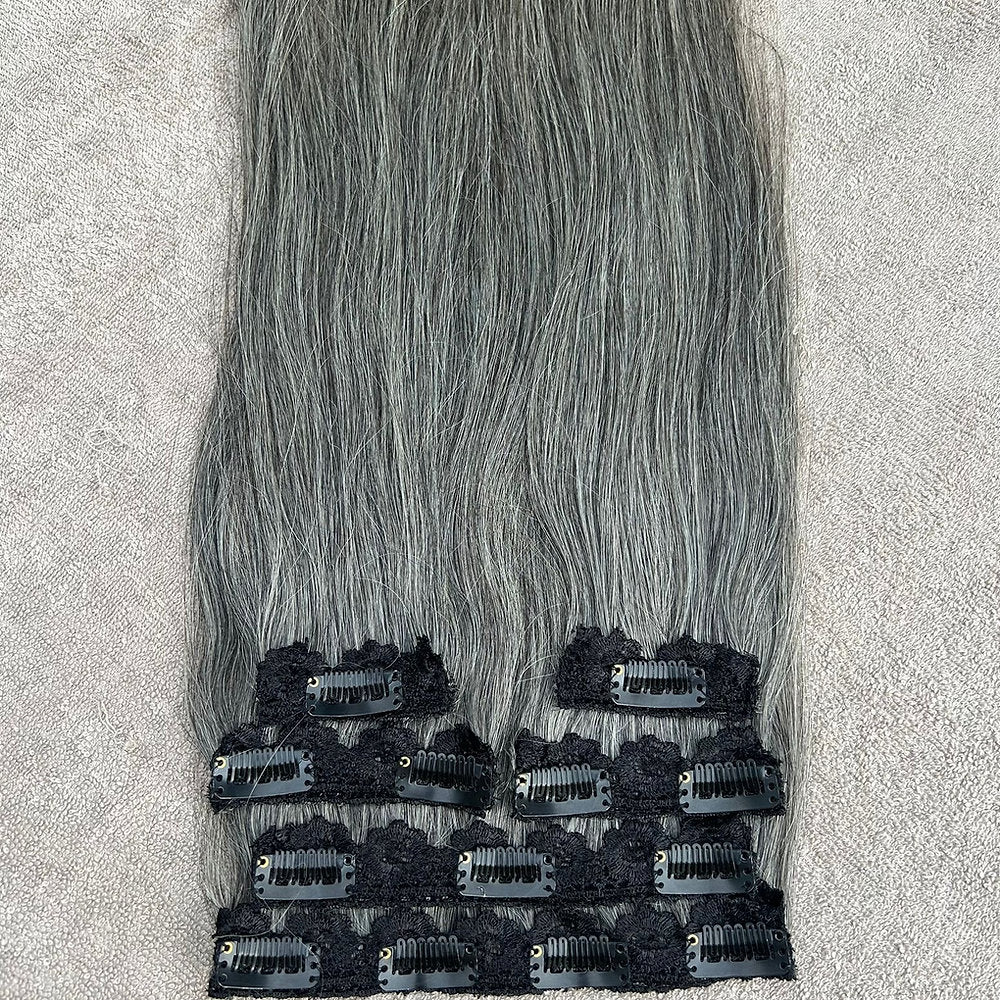 Clip In Raw Natural Grey Straight Hair Extensions