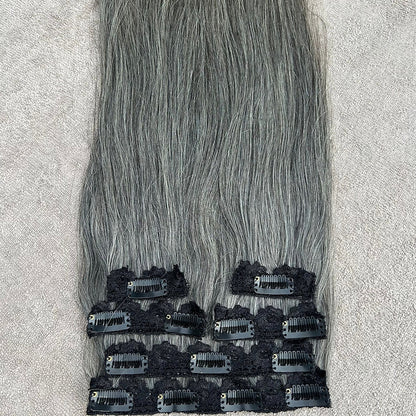Clip In Raw Natural Grey Straight Hair Extensions