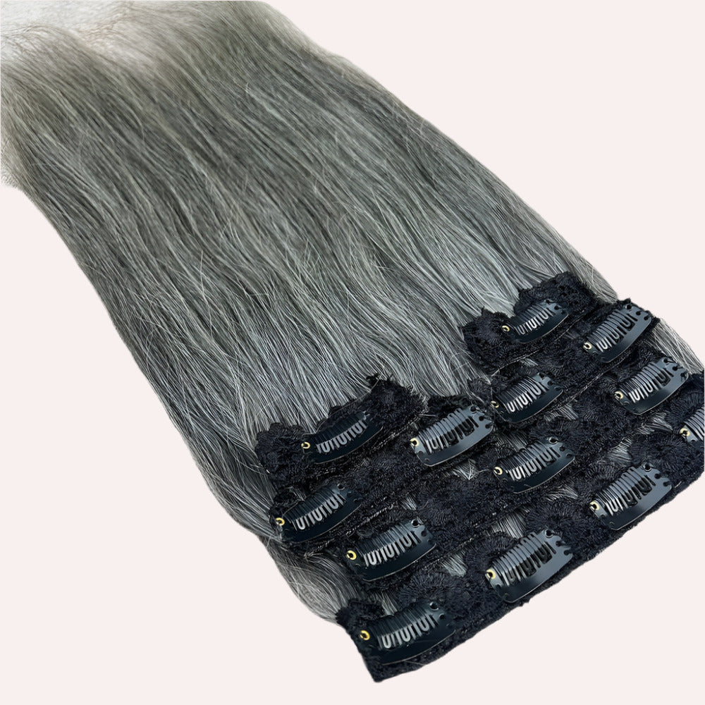 Clip In Raw Natural Grey Straight Hair Extensions