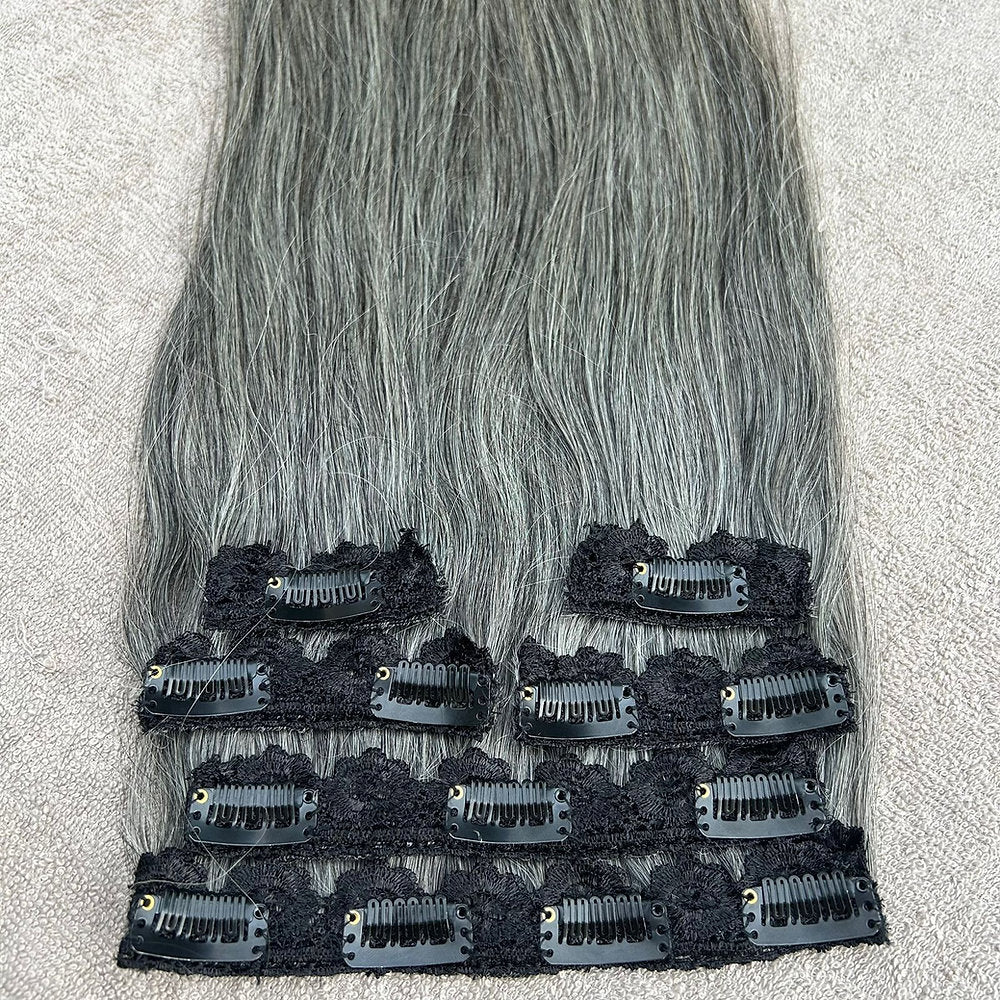 Clip In Raw Natural Grey Straight Hair Extensions