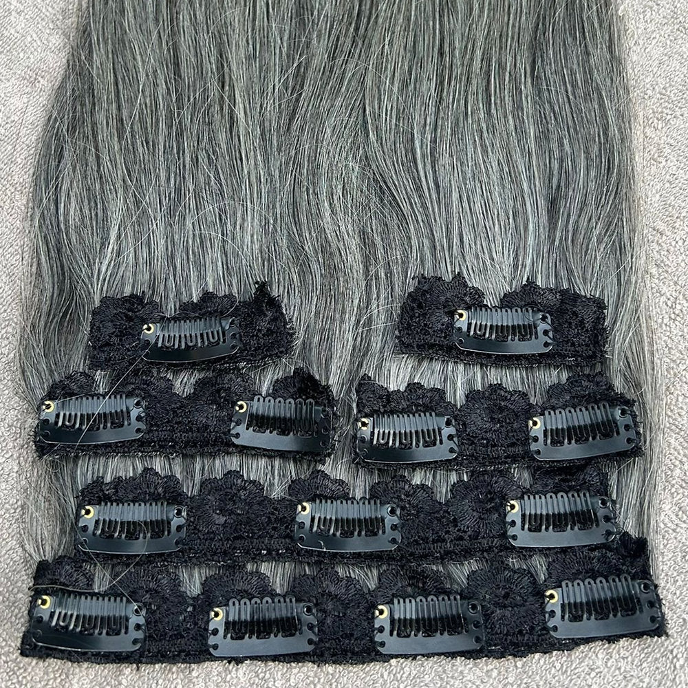 Clip In Raw Natural Grey Straight Hair Extensions
