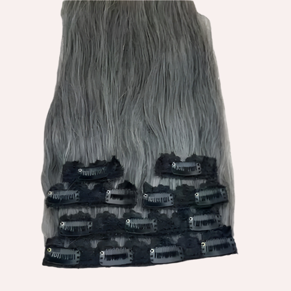 Clip In Raw Natural Grey Straight Hair Extensions
