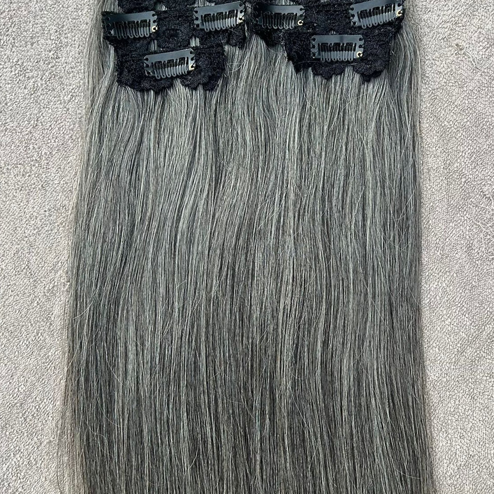 Clip In Raw Natural Grey Straight Hair Extensions