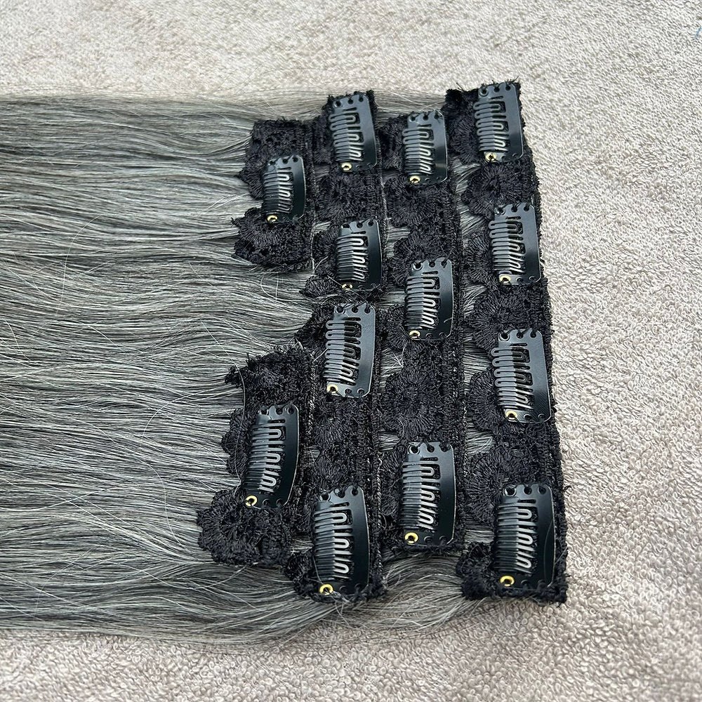 Clip In Raw Natural Grey Straight Hair Extensions
