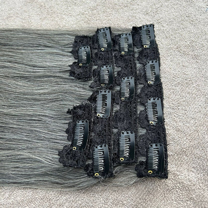Clip In Raw Natural Grey Straight Hair Extensions