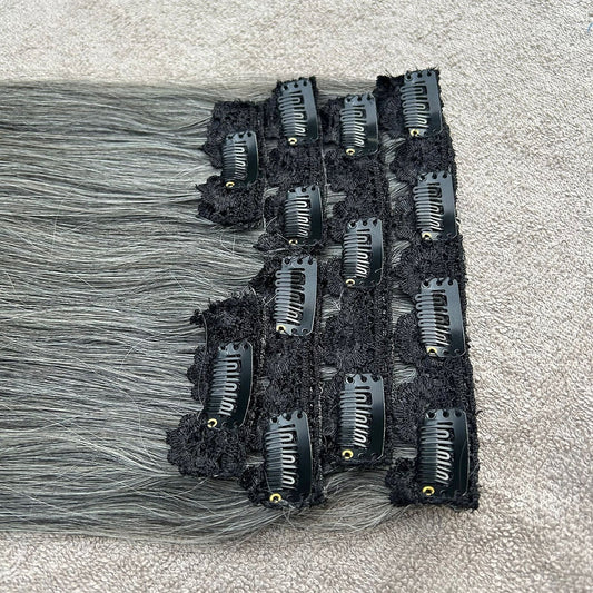 Clip In Raw Natural Grey Straight Hair Extensions
