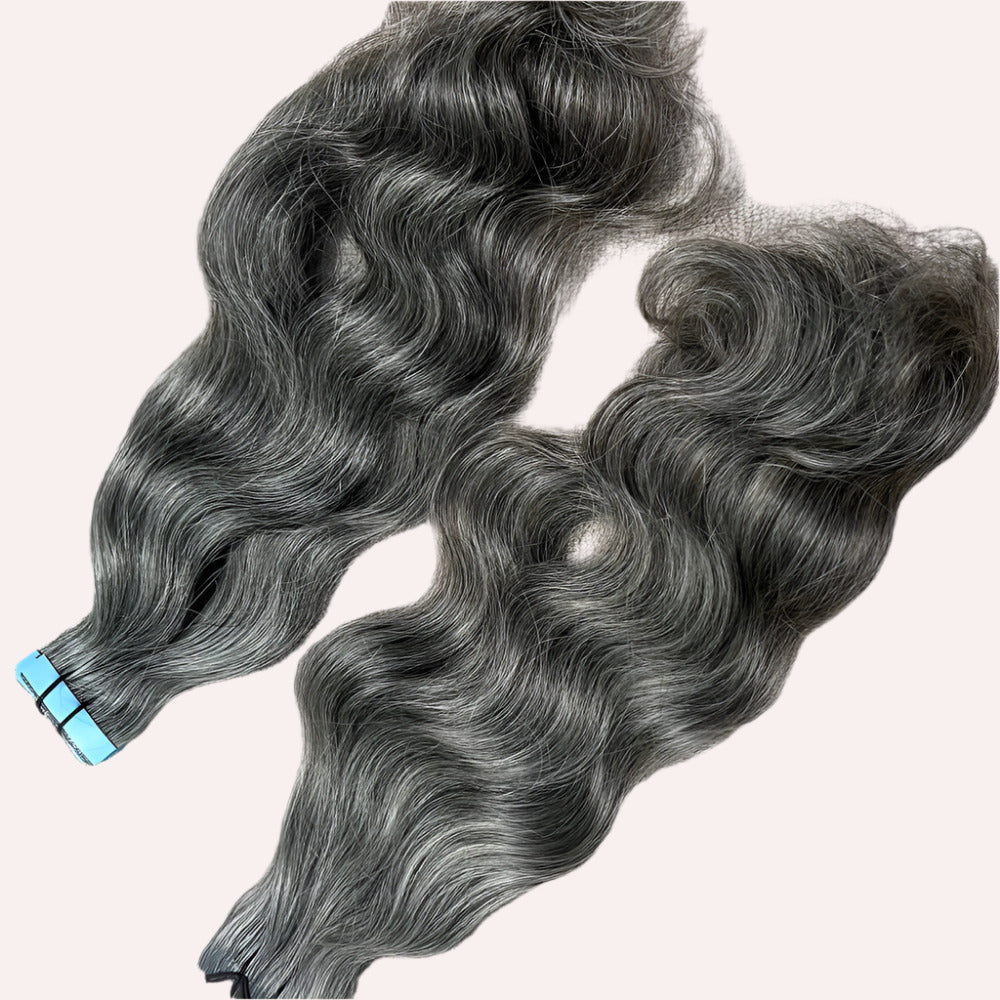 Invisible Tape Grey Wavy Hair Extensions
