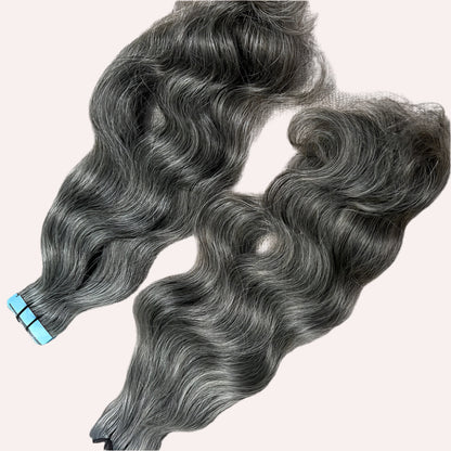 Invisible Tape Grey Wavy Hair Extensions
