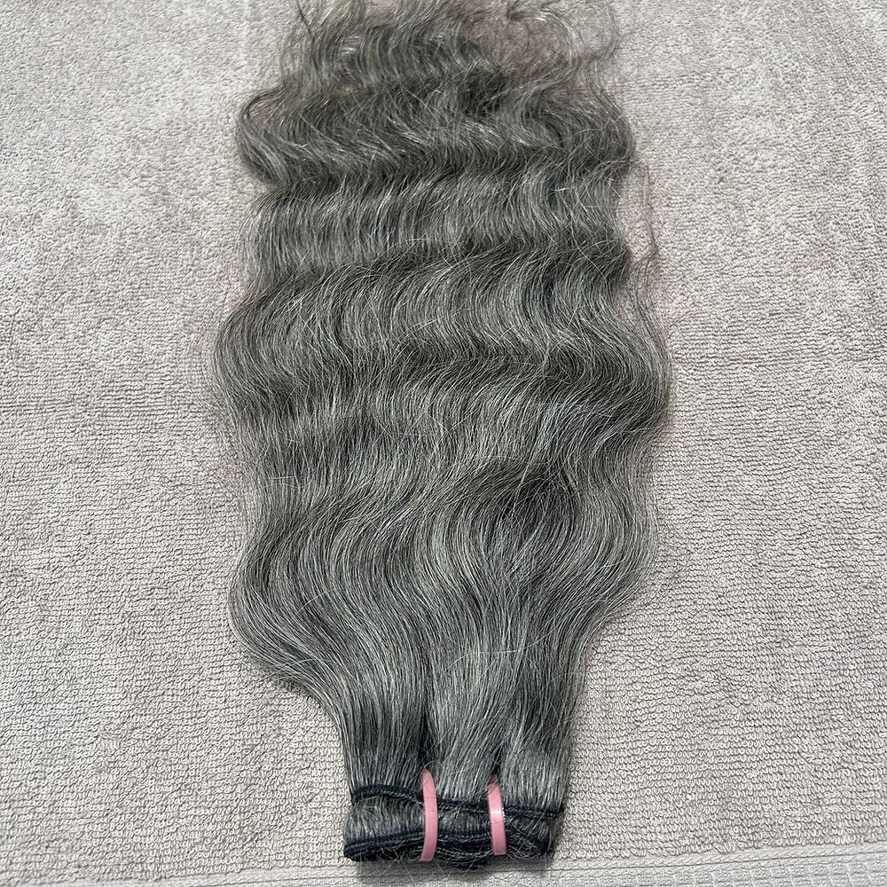 Raw Natural Grey Wavy Weft Hair Extensions