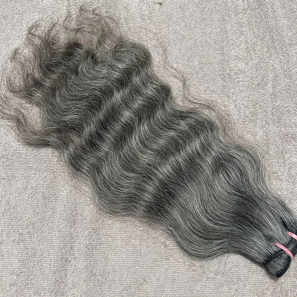 Raw Natural Grey Wavy Weft Hair Extensions