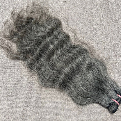 Raw Natural Grey Wavy Weft Hair Extensions