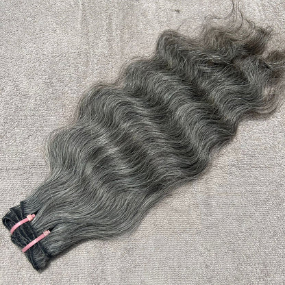 Raw Natural Grey Wavy Weft Hair Extensions
