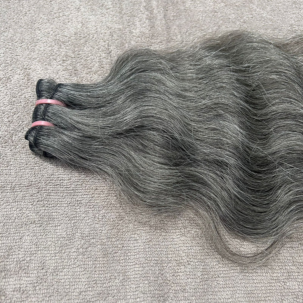 Raw Natural Grey Wavy Weft Hair Extensions