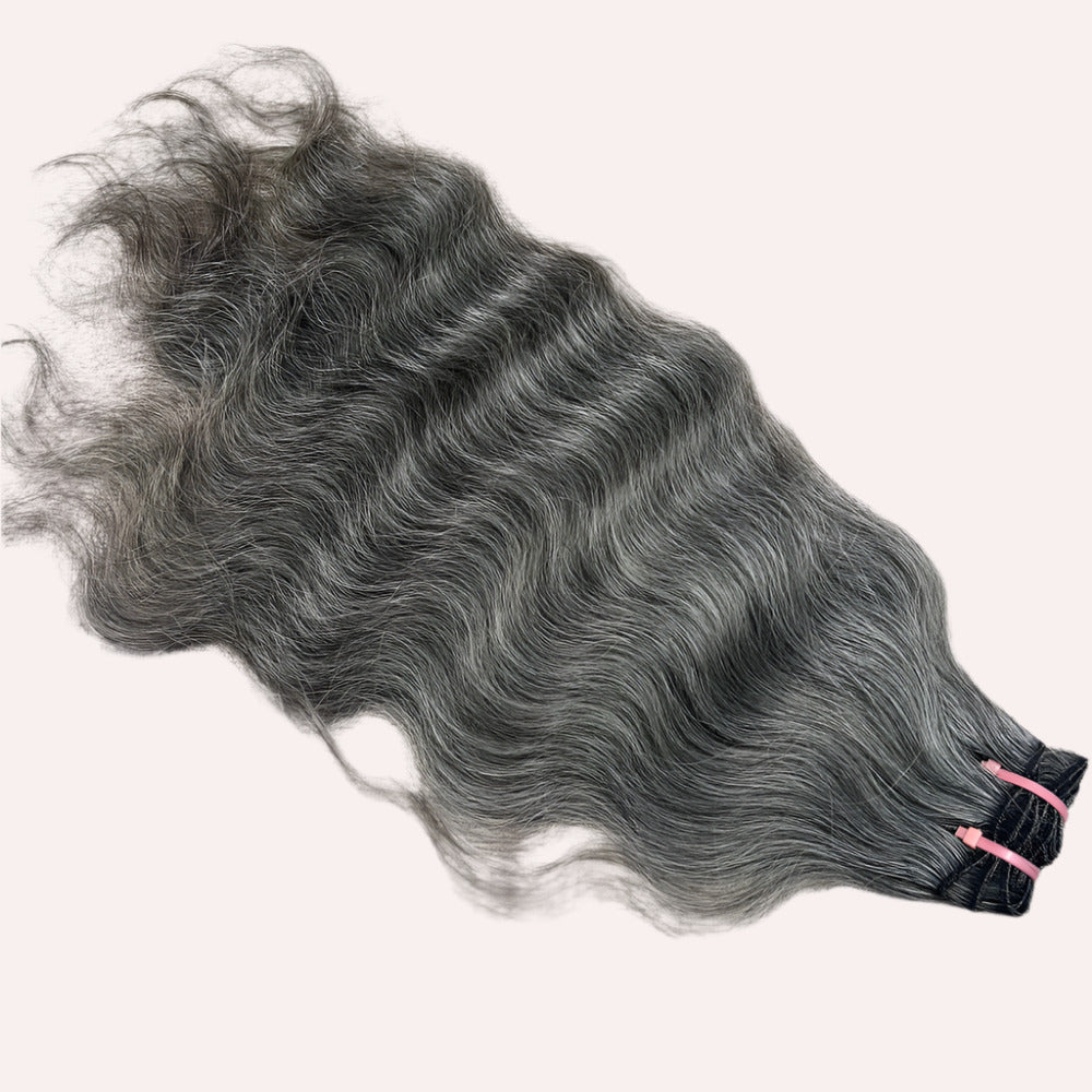 Raw Natural Grey Wavy Weft Hair Extensions